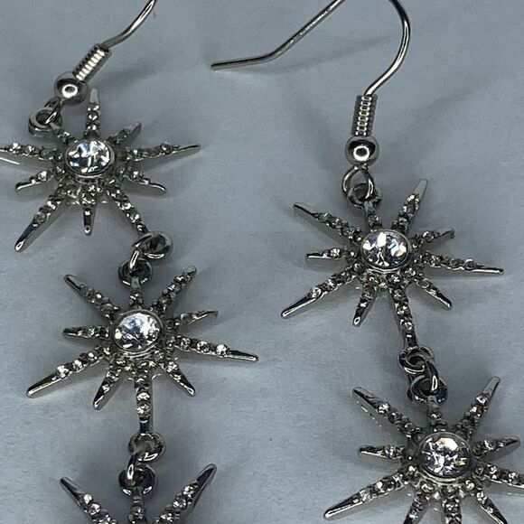 3 Star Sparkle Snowflake Star Drop Earrings 2.5” - Picture 5 of 5